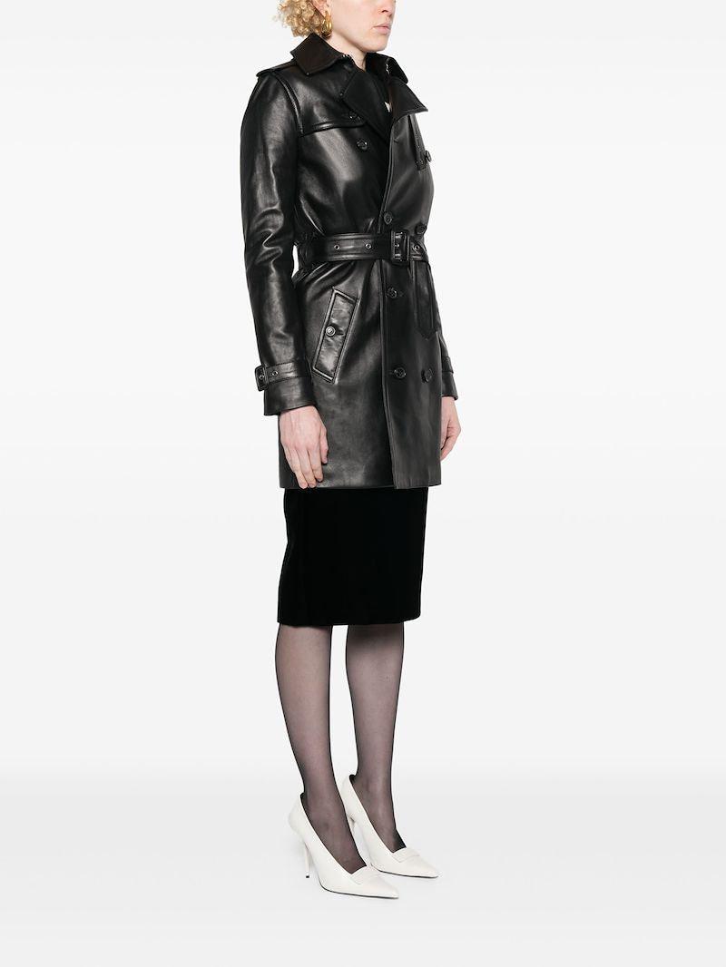 Black Double-breasted Leather Trench Coat