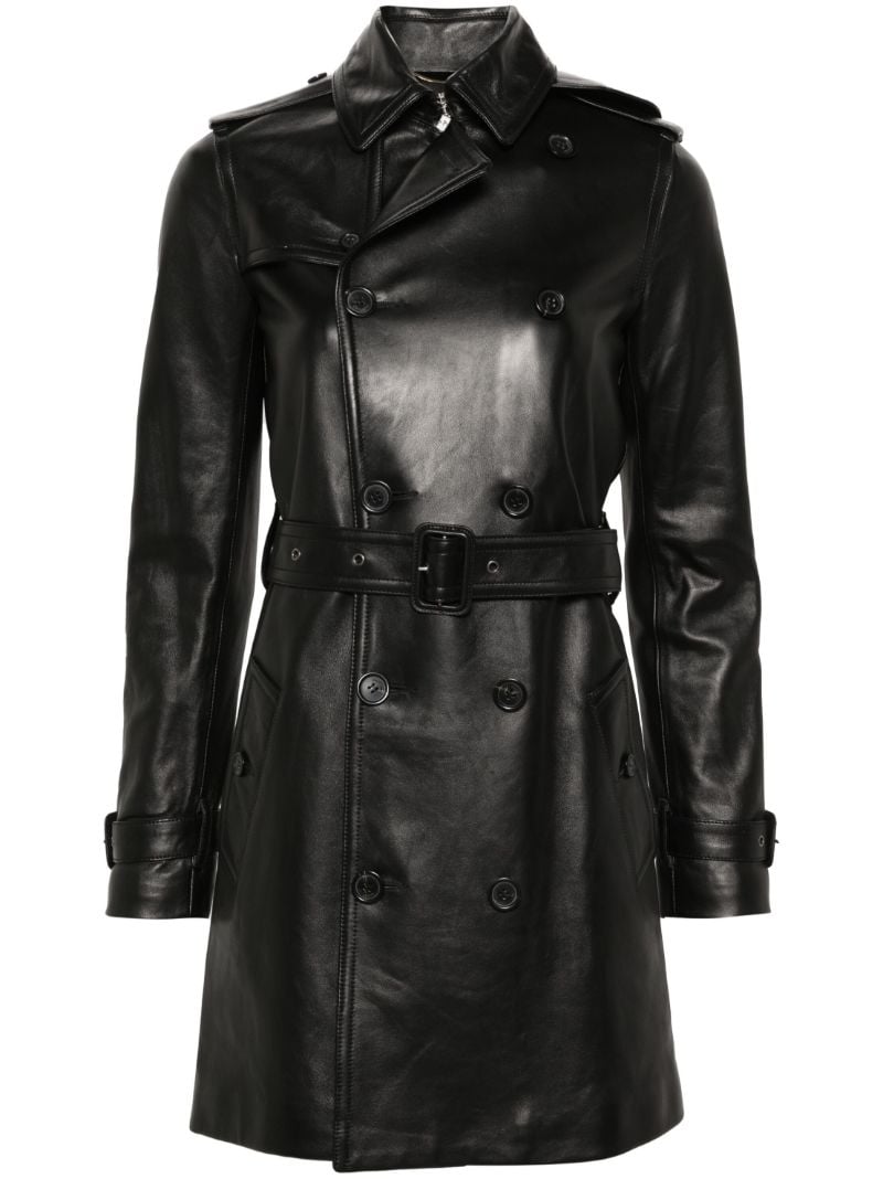 Black Double-breasted Leather Trench Coat