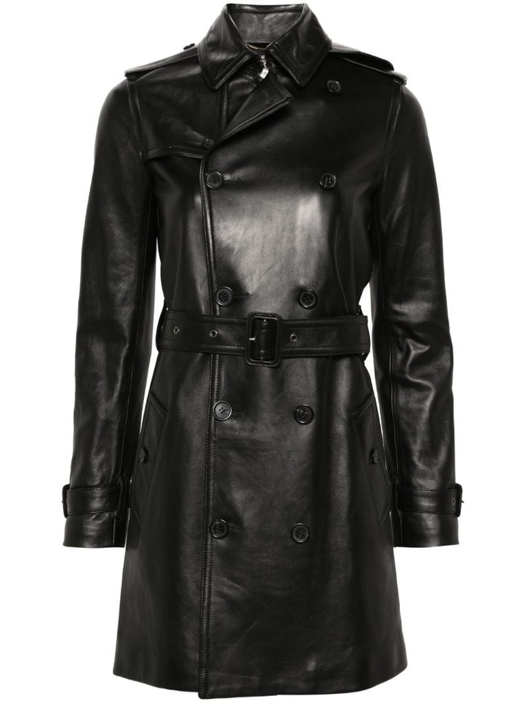 Black Double-breasted Leather Trench Coat