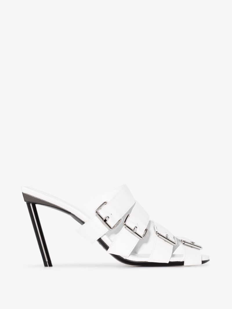 White 80 Buckled Leather Mules