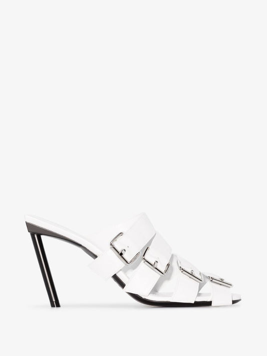 White 80 Buckled Leather Mules