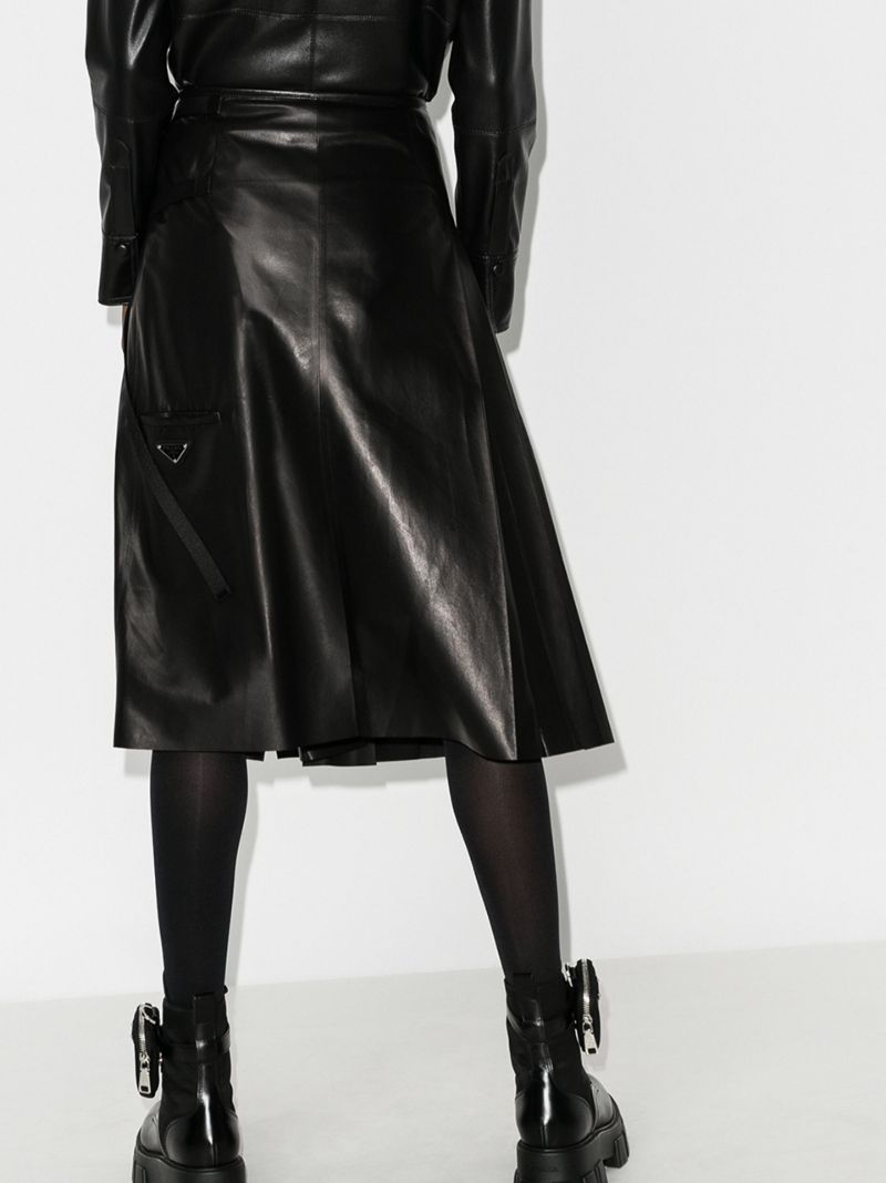 Pleated Leather Midi Skirt
