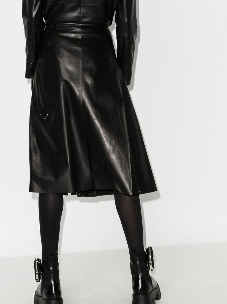 Pleated Leather Midi Skirt