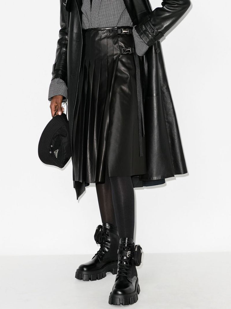 Pleated Leather Midi Skirt