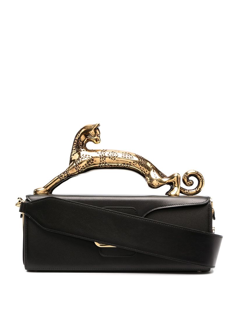 Black Pencil Cat Leather Top-handle Bag
