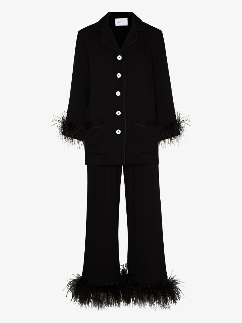 Black Feather-trim Pyjamas