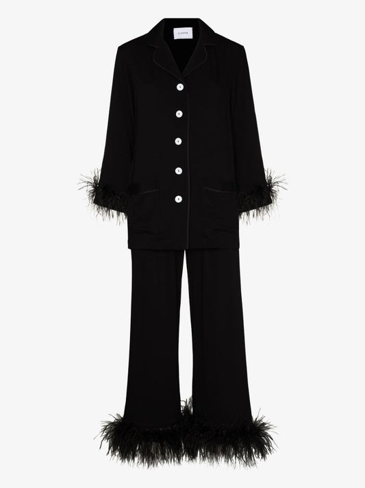 Black Feather-trim Pyjamas