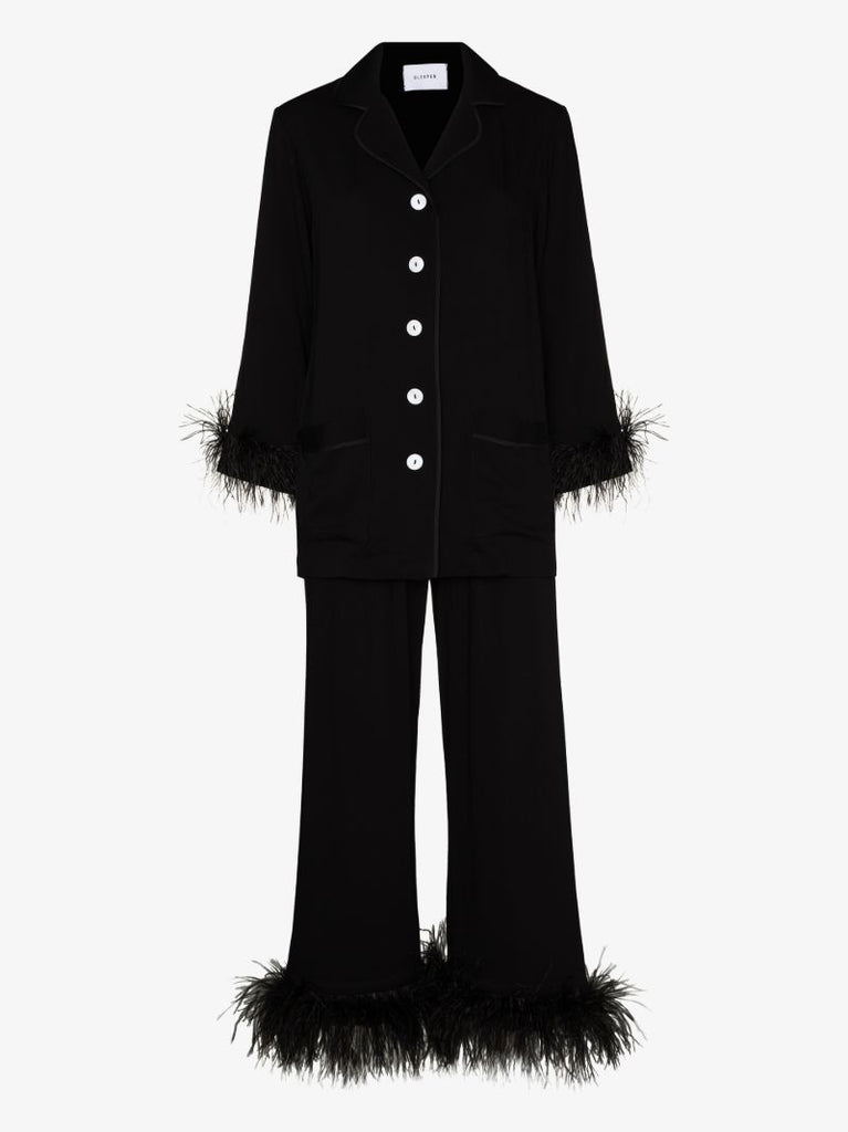 Black Feather-trim Pyjamas