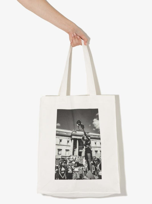 White and Black Printed Cotton Tote Bag