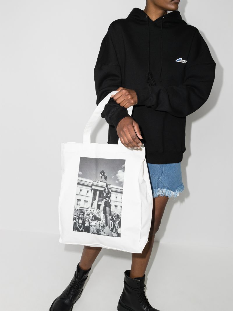 White and Black Printed Cotton Tote Bag