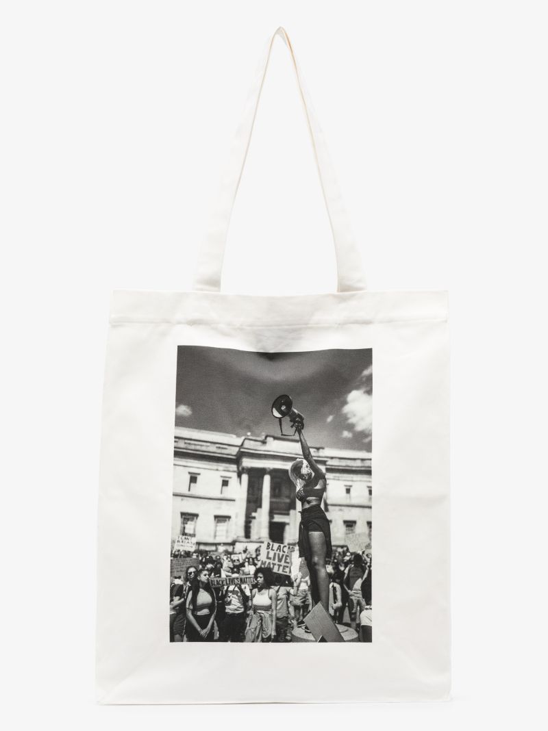 White and Black Printed Cotton Tote Bag
