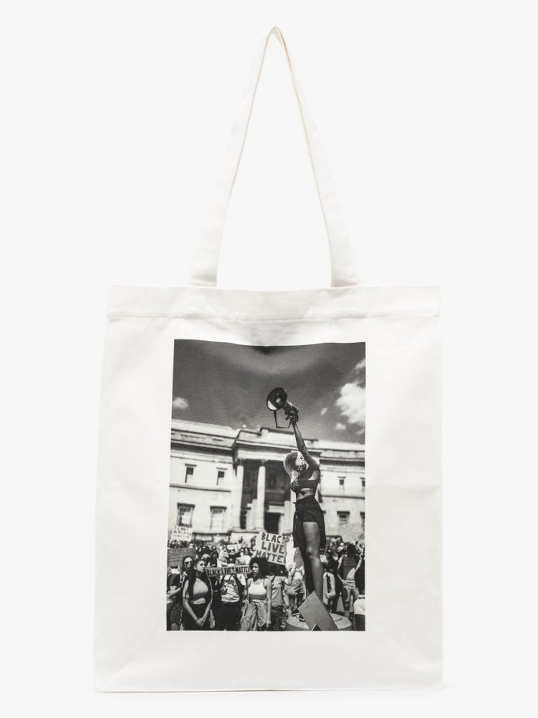 White and Black Printed Cotton Tote Bag