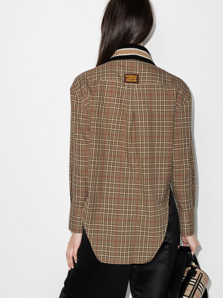 Ribbed Trim Check Cotton Shirt