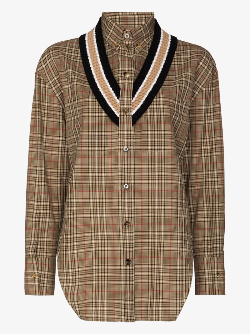 Ribbed Trim Check Cotton Shirt
