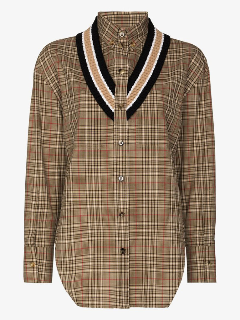 Ribbed Trim Check Cotton Shirt