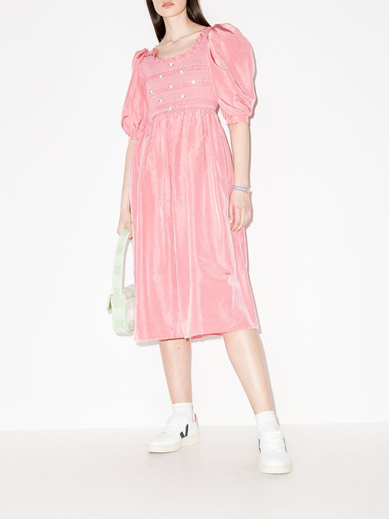 Ruffled Puff Sleeve Silk Dress