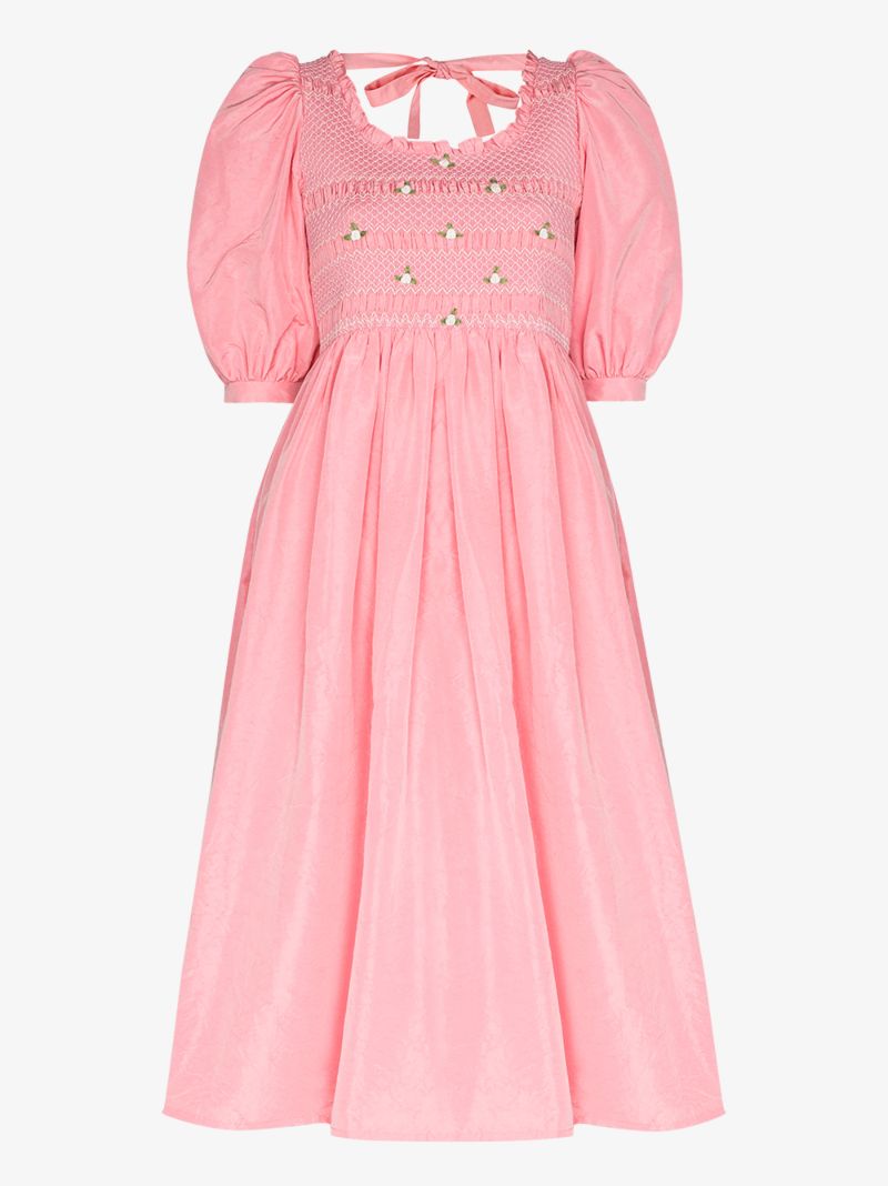Ruffled Puff Sleeve Silk Dress