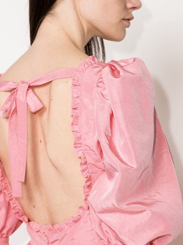Ruffled Puff Sleeve Silk Dress