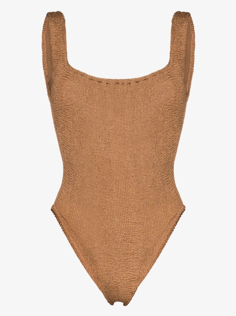 Brown Crinkle Square Neck Swimsuit