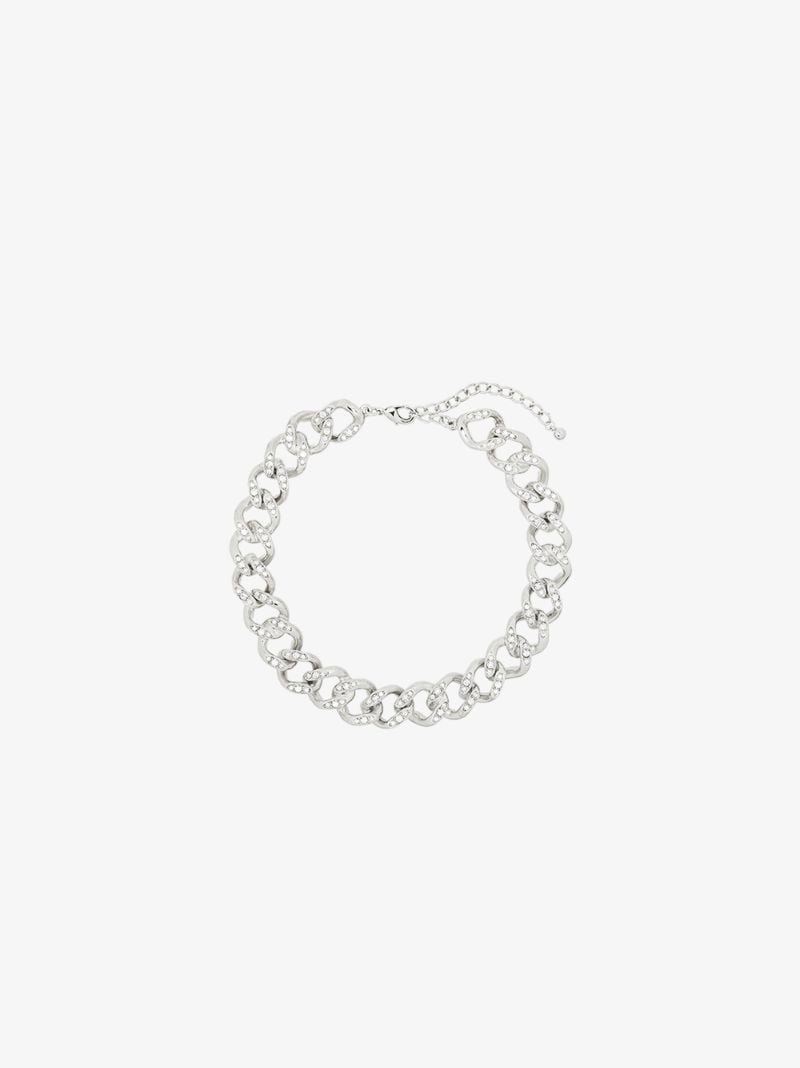Silver Tone Crystal Chain Link Necklace
