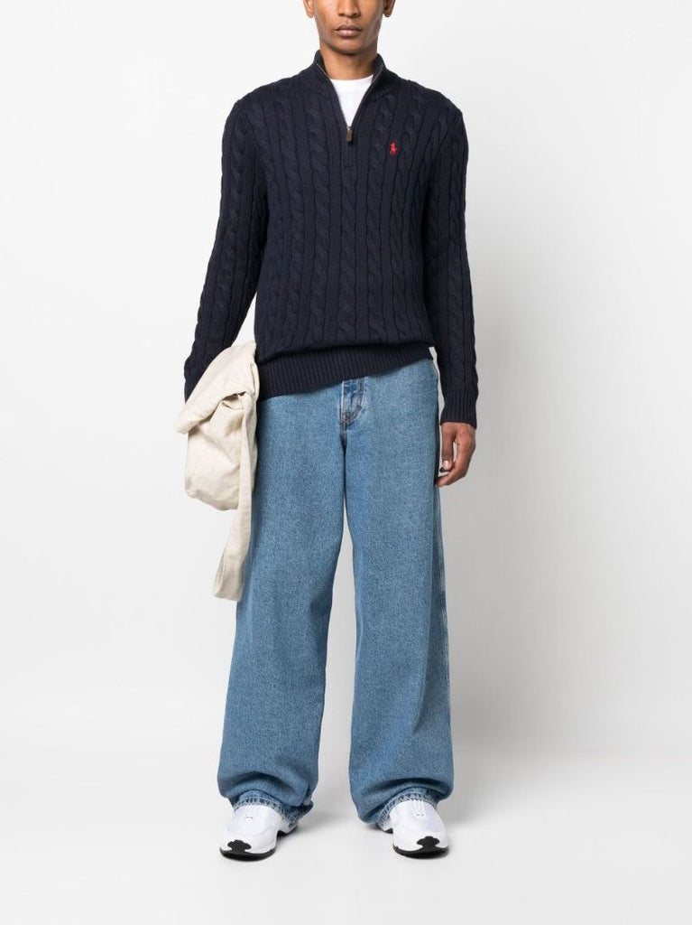 Blue Cable-knit Half-zip Sweater