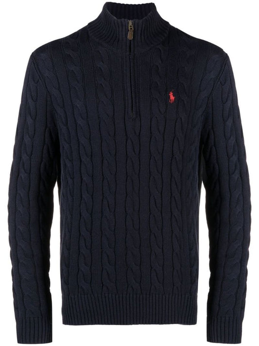Blue Cable-knit Half-zip Sweater
