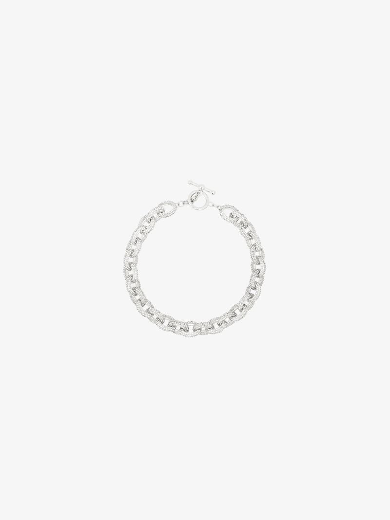 Silver Tone Crystal Oval Chain Link Necklace