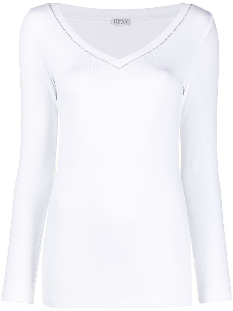 White Monilli Bead-embellished Long-sleeve Top