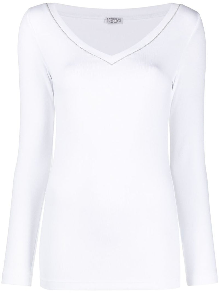 White Monilli Bead-embellished Long-sleeve Top