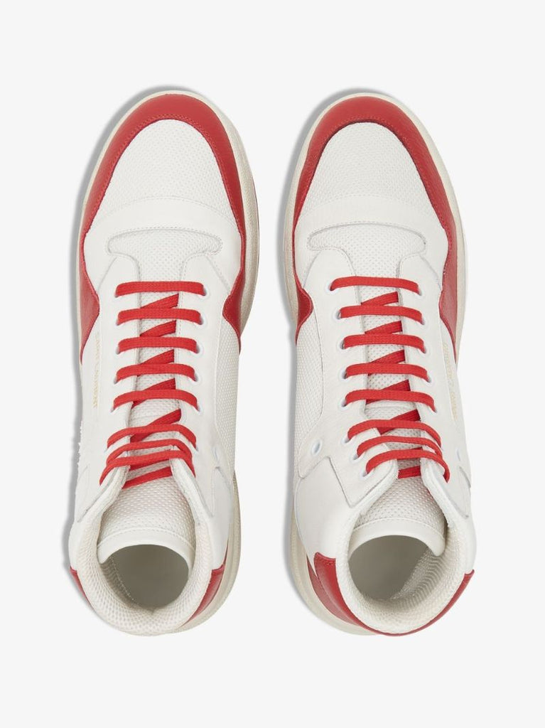White and Red Sl24 Leather High Top Sneakers