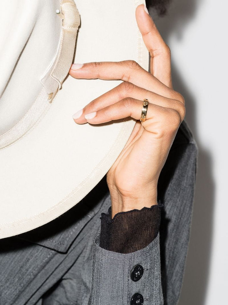 Gold Tone Raised Serif T Logo Ring