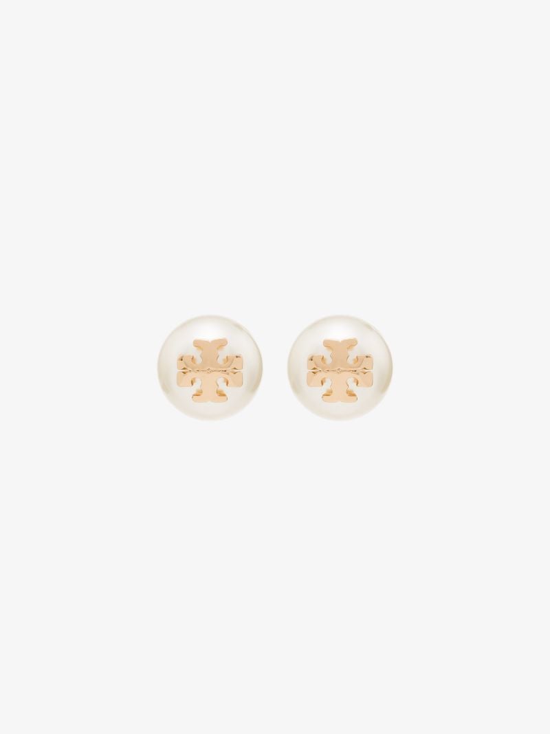 Gold Tone Logo Pearl Earrings