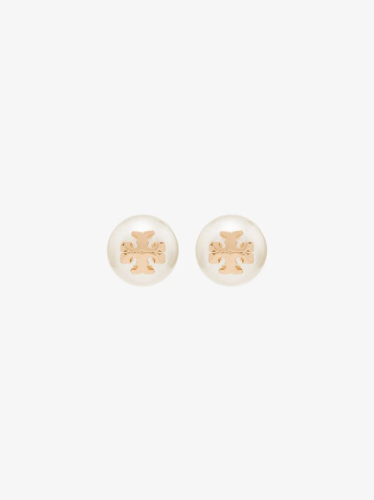 Gold Tone Logo Pearl Earrings
