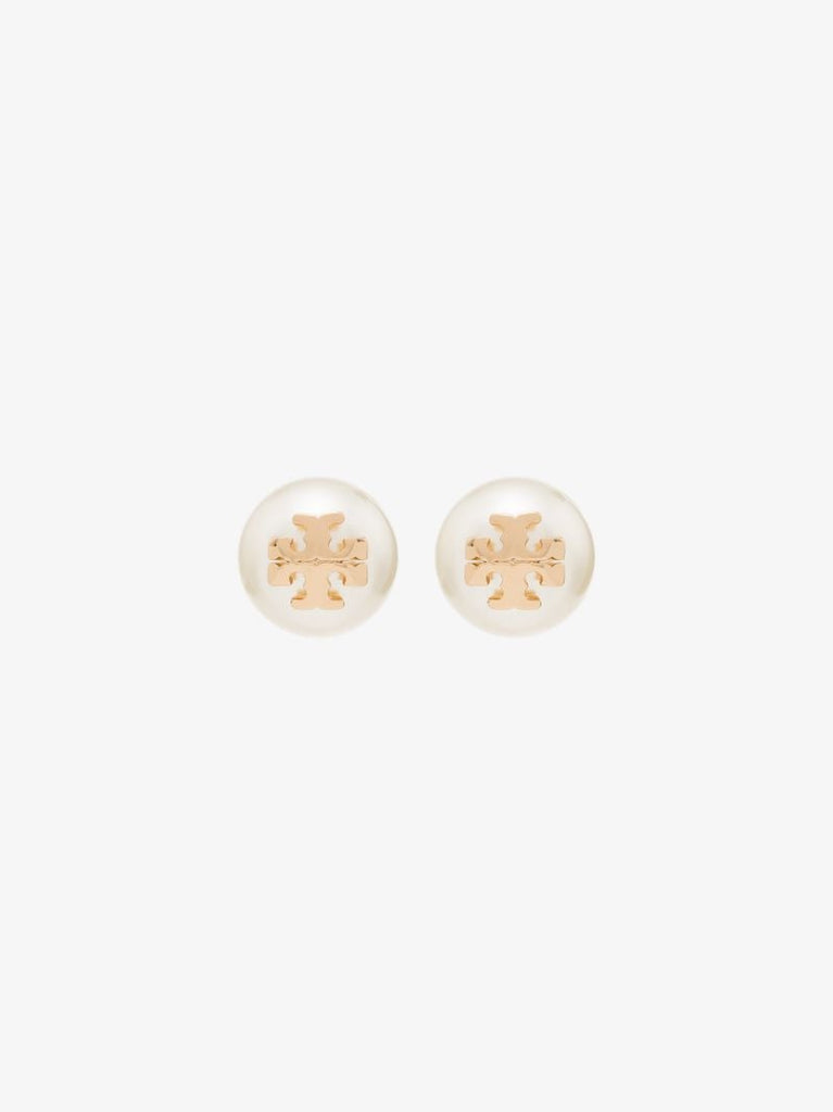 Gold Tone Logo Pearl Earrings