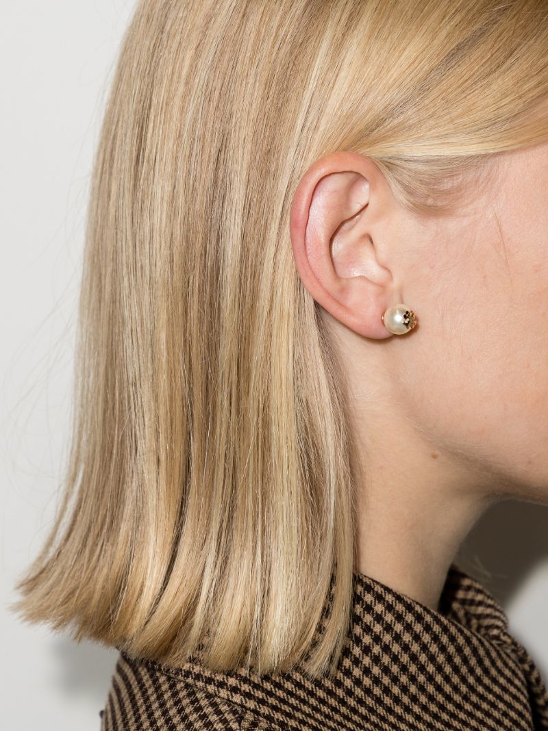 Gold Tone Logo Pearl Earrings