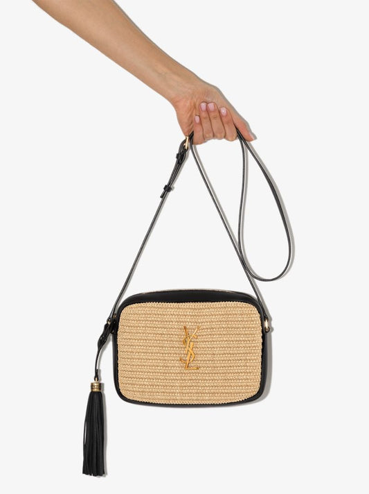 Neutral and Black Lou Raffia Camera Bag