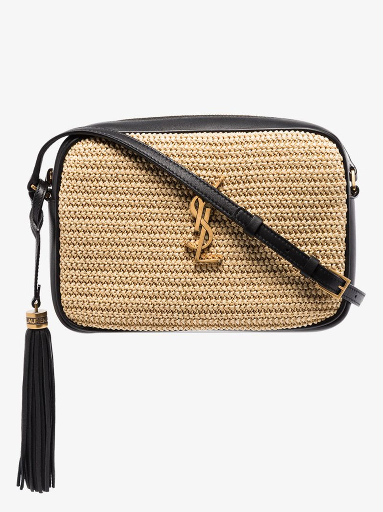 Neutral and Black Lou Raffia Camera Bag