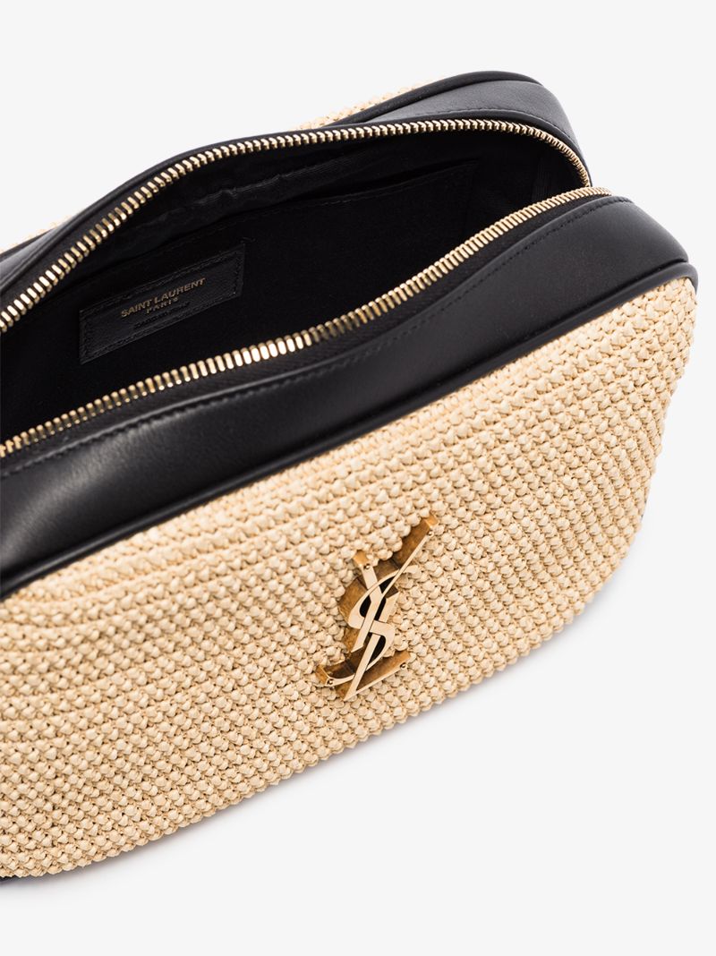 Neutral and Black Lou Raffia Camera Bag