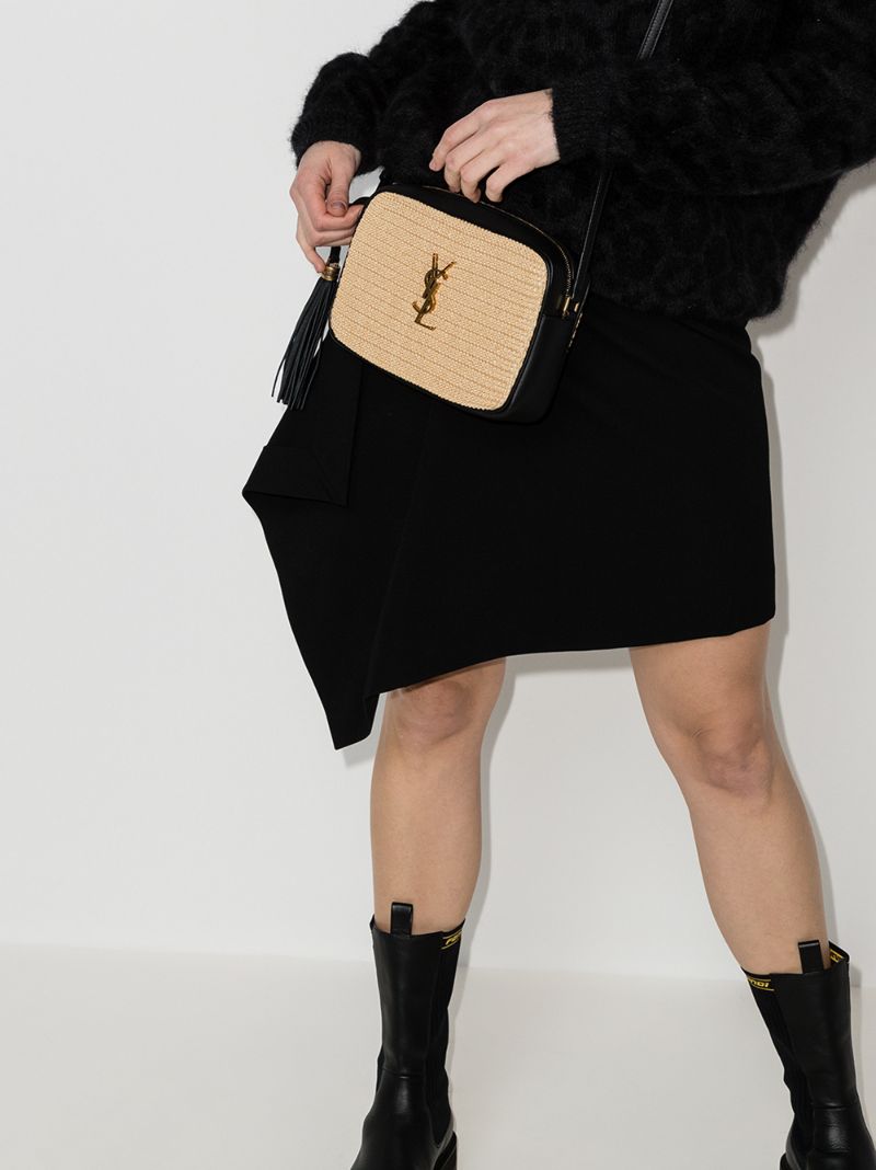 Neutral and Black Lou Raffia Camera Bag