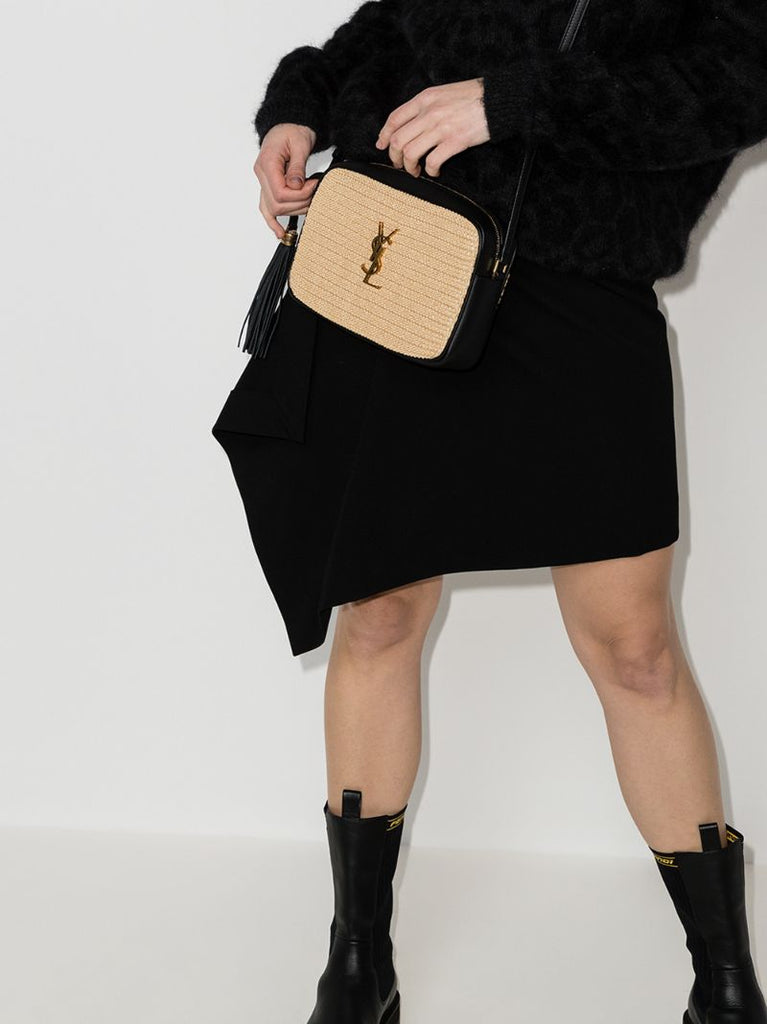Neutral and Black Lou Raffia Camera Bag