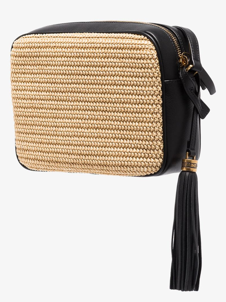 Neutral and Black Lou Raffia Camera Bag