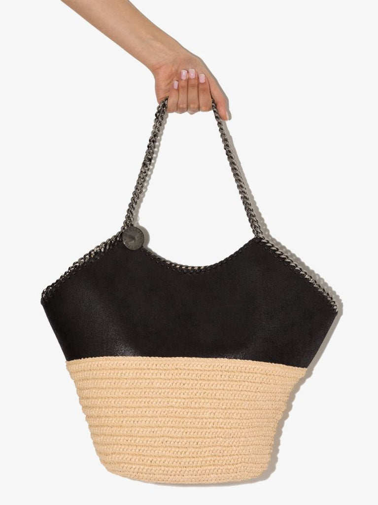 Neutral and Black Falabella Large Raffia Tote Bag