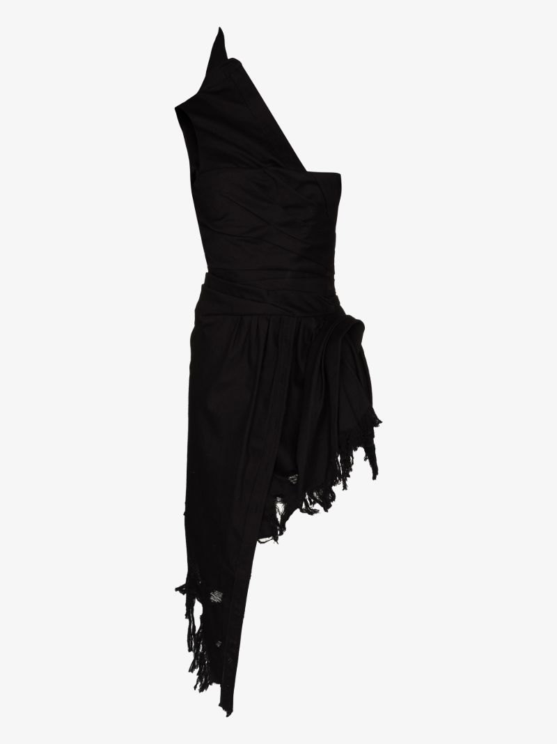 One Shoulder Frayed Denim Dress