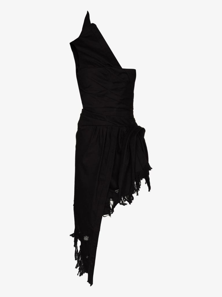 One Shoulder Frayed Denim Dress