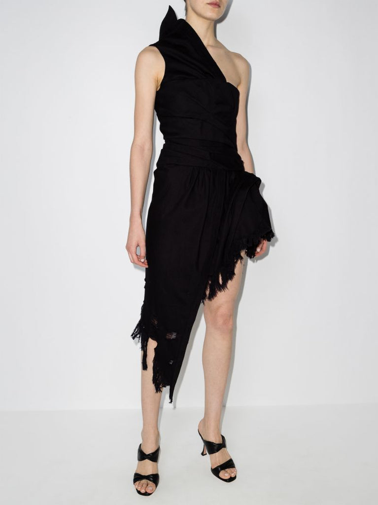 One Shoulder Frayed Denim Dress