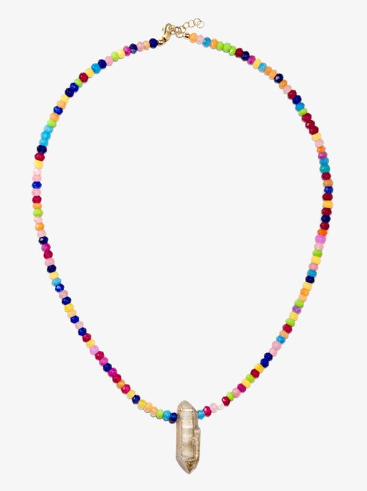 9k Yellow Gold Crystal Amulet Jade Beaded Necklace