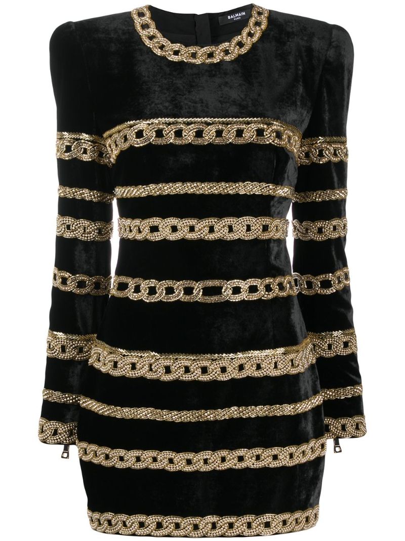 Black Chain Embellished Velvet Mini Dress
