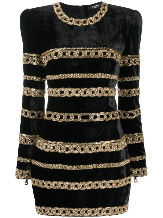 Black Chain Embellished Velvet Mini Dress