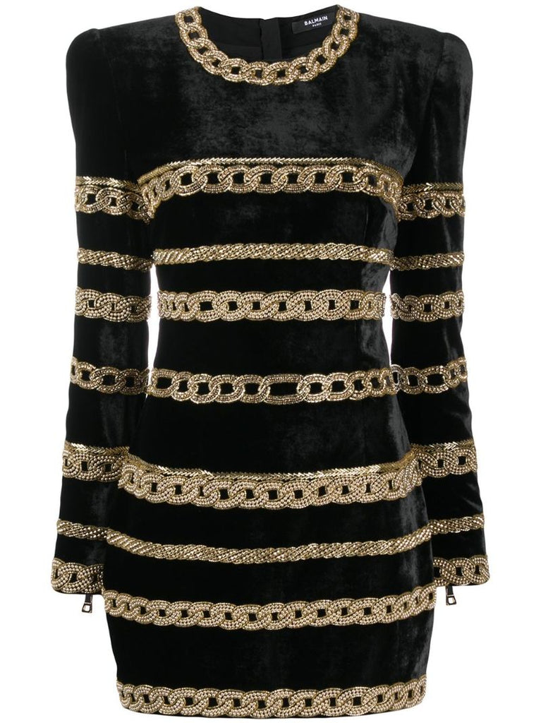 Black Chain Embellished Velvet Mini Dress