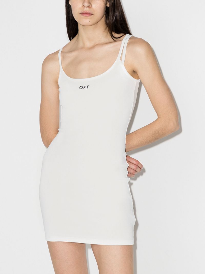 White Asymmetric Shoulder Logo Mini Dress